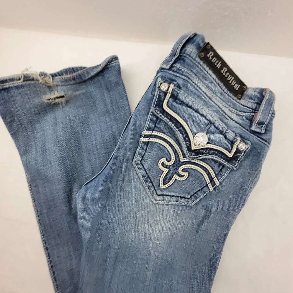 Rock Revival Jeans Women's 29 Blue Anja Boot 30x34.25" Stretch Worn Hems - Picture 14 of 16